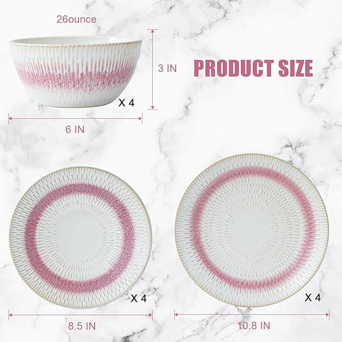 Dinnerware Set Pink Stoneware 12 Pieces Service for 4, Stoneware Plates and Bowls Set, Dishwasher Microwave Safe Dishes set