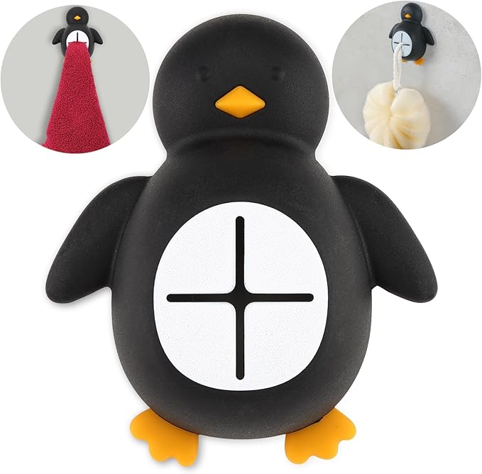 vizuzi Penguin Kitchen Towel Self Adhesive Silicone Hooks Holder for Tea or Dishwashing Towel, Washcloths, Loofah, for Bathrooms, Shower, Kitchens, Garages, RV, Camper, Cabinet, Sink, Dishwasher VOV