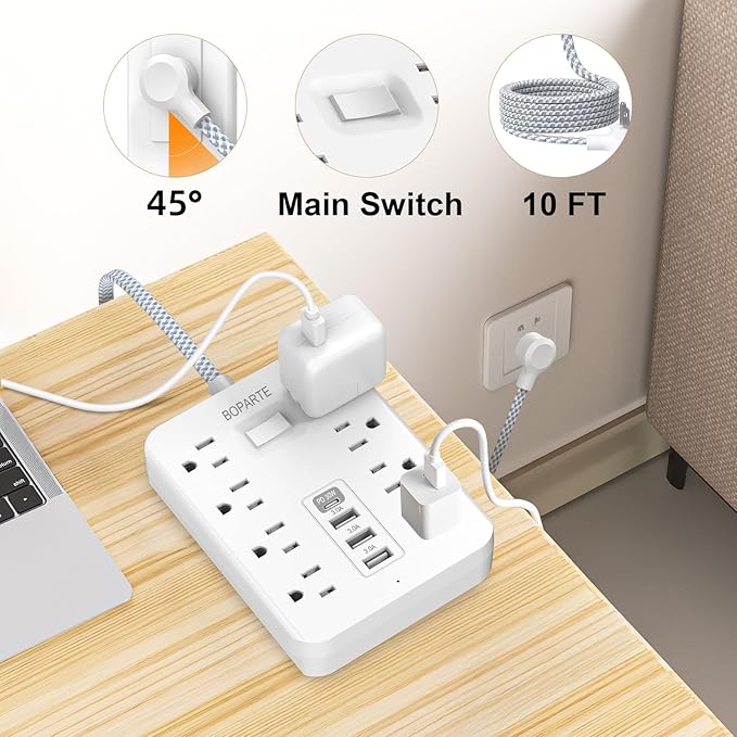 Surge Protector Power Strip, 10 Ft Extension Cord with PD 30W USB C Port, 8 AC Outlets and 3 USB A Ports for Home, Office, Dorm Essentials, 1700 Joules, White