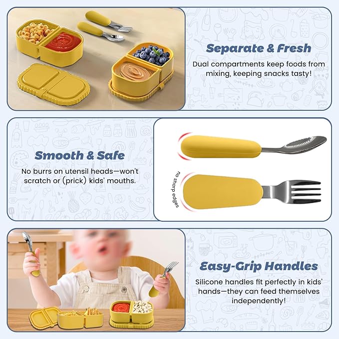 Silicone Snack Containers for Kids (8.5Oz, 2-Compartment)+ Kids Silicone Cutlery Set (Spoon and Fork) - BPA Free, Leak Proof, Great for Toddler/Kid/Adult Meal Prep Containers (yellow)