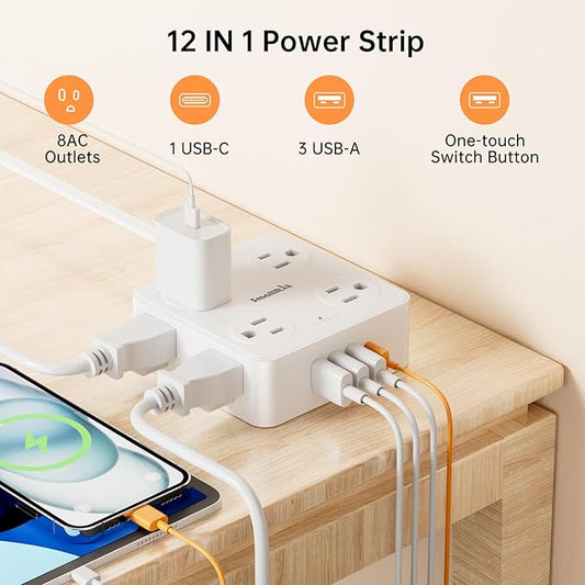 6.5Ft Power Strip with Surge Protector, 8 Outlets 4 USB Ports Extension Cord, Flat Plug Charging Station for Home Office Desk & College Dorm Essentials, White