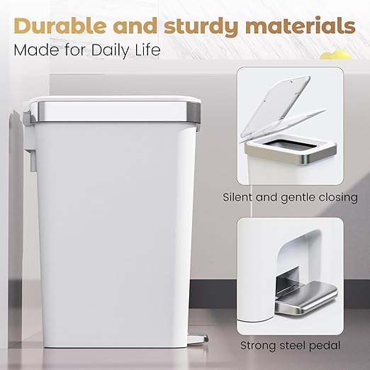 2Pack Small Bathroom Trash Can with Lid Soft Close, 10 Liter/2.6 Gallon Slim Garbage Can-Metal Step and Press top Lid, Mini Modern Waste Basket for Toilet, Office, Bedroom,Dorm,Grayish-White