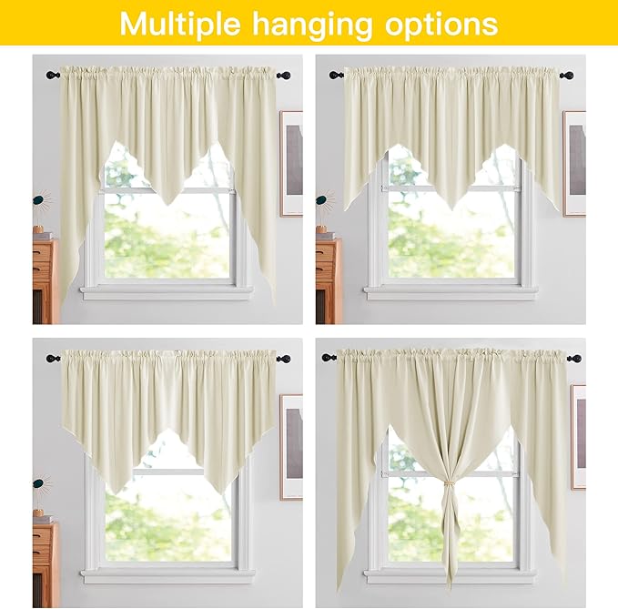 NICETOWN Swag Curtains for Kitchen Sink Topper, Farmhouse Light Blacoking Rod Pocket Window Curtain Valances for Living Room, 36" Wide x 36" Long Each Panel, 1 Pair, Light Beige