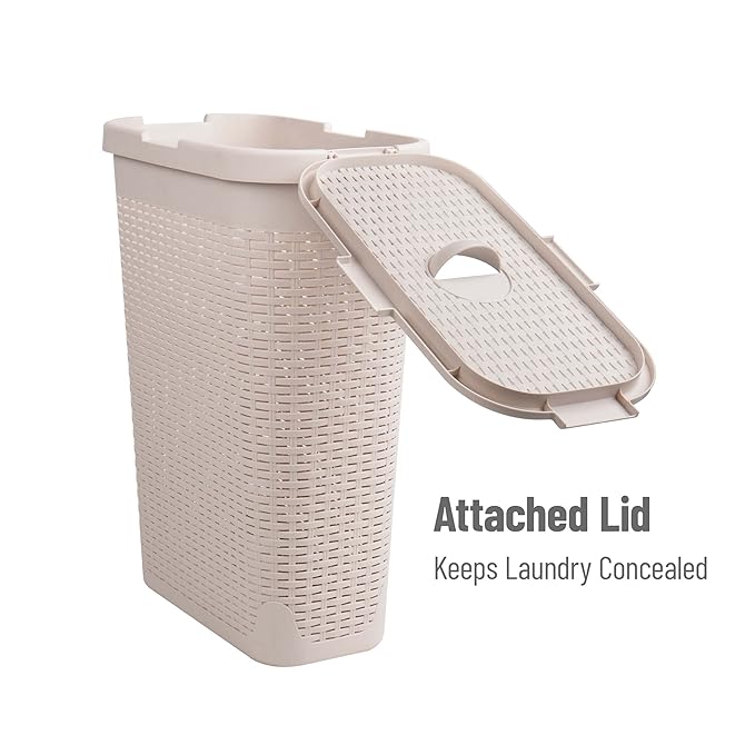 Mind Reader Slim Laundry Hamper with Lid, 40L Clothes Basket, Premium Wicker Design, Plastic, Set of 2, Ivory