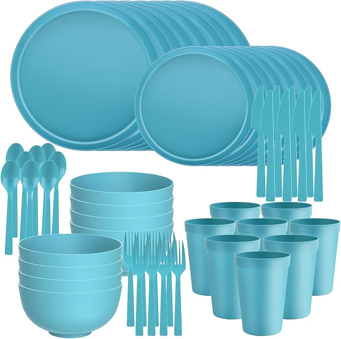 40 Piece RV & Camping Dinnerware Set, Elegant Ceramic-Look Large Bowls & Plates, Unbreakable & 100% Microwave Safe, Melamine Alternative Service for 8, Blue
