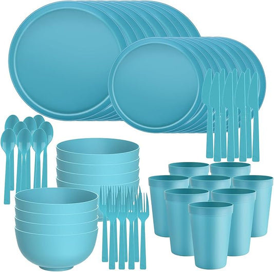 40 Piece RV & Camping Dinnerware Set, Elegant Ceramic-Look Large Bowls & Plates, Unbreakable & 100% Microwave Safe, Melamine Alternative Service for 8, Blue
