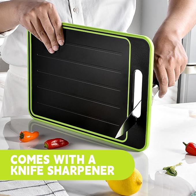 Cutting Board Double Sided,2 Pcs Vegetable Board With Sharpening Stone,Large Size+Small Size,Food Grade Stainless steel and Wheat straw PP Material,Eco-Friendly (black)