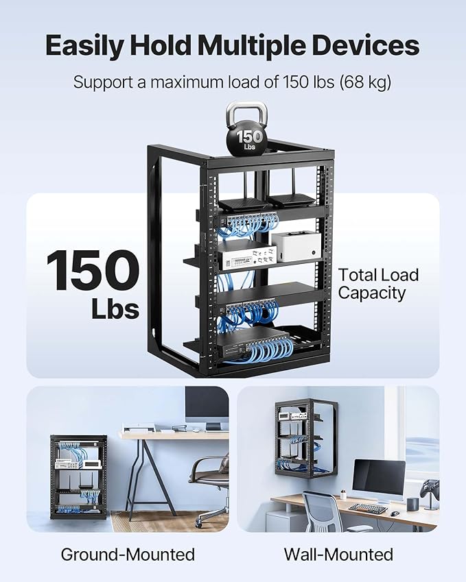 VEVOR 15U Open Frame Server Rack, Free Standing or Wall Mount Rack with 180 Degrees Gate Swing, Network Rack for 19" IT Equipment & A/V Devices