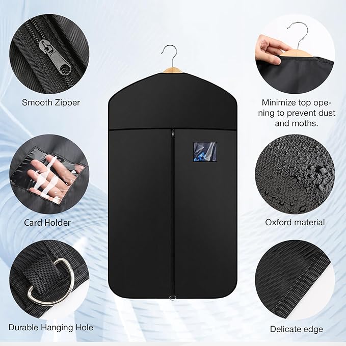 Premium Oxford Fabric Garment Bag Hanging Clothes Travel Suit Bag with Clear Window for Suits, Coats, T-Shirts, Jackets. (Black, 40-inch-3 packs)