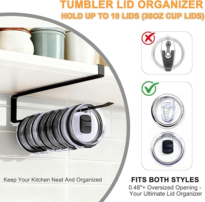 Tumbler Lid Organizer for Cabinet, Kezvulp No-Drill Holder Holds 10 Lids with Space Saving and Anti-Drop Design, the Must-Have Rustproof Rack for Kitchen Organization and Storage (Black)