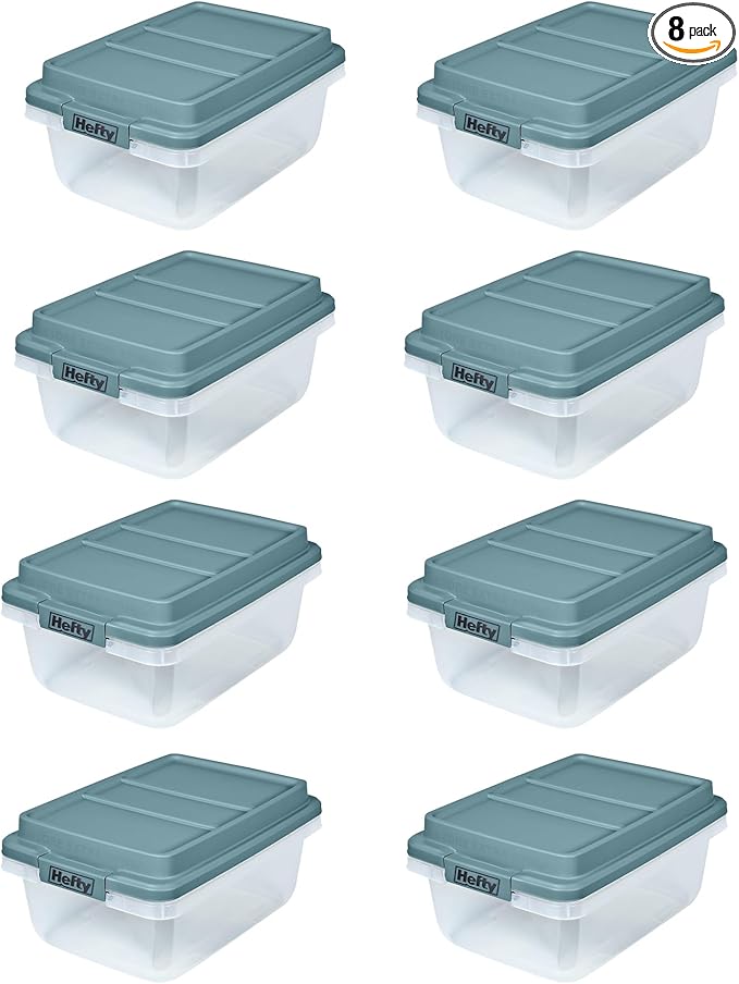 Hefty 18 Quart Hi-Rise Storage Bin with Lid, Stackable Plastic Container for Home, Office, and Classroom Organization, 8 Pack, Smoke Blue
