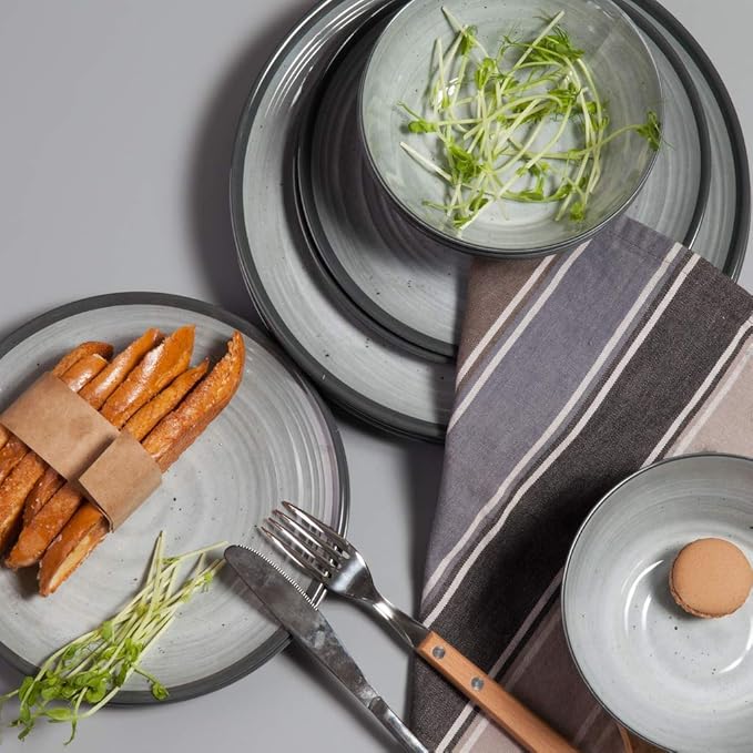 24-Piece Swirl Grey Melamine Plastic Dinnerware Sets for 8, Plates and Bowls Sets (Cool Grey)