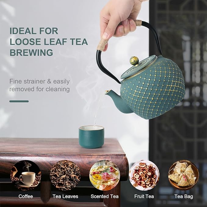 Ufine Japanese Style Cast Iron Teapot for Stove Top with Stainless Steel Infuser Loose Leaf Tetsubin Grid Design Blue Tea Kettle 40oz/1200ml