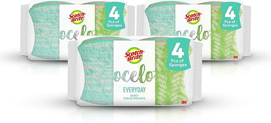 Scotch-Brite ocelo Non-Scratch Scrub Sponges, Assorted Designs, Scratch-Free for Nonstick Cookware & Dishes, Kitchen & Bathroom Use, Reusable Multi-Surface Cleaning Sponges (12 Count (Pack of 3))