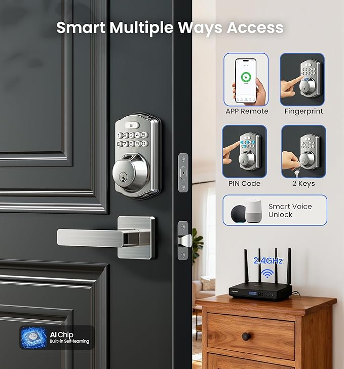 Veise VE012W-L Built-in WiFi Fingerprint Smart Lock with Lever Handle Set, App Remote Control, Keyless Entry for Front Door, Deadbolt Digital Backlit Keypad, Voice Assistant, Auto Lock, Satin Nickel