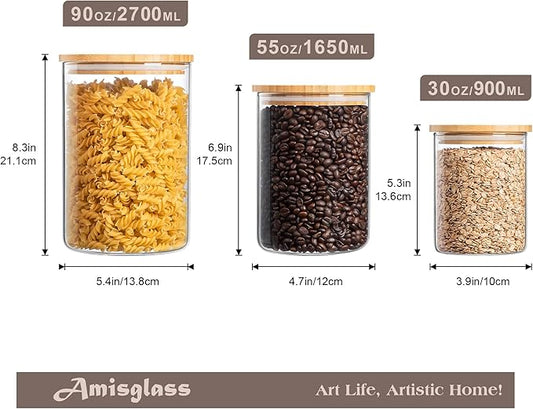 Glass Storage Containers with Wooden Lids, Airtight Jar for Kitchen Countertop Set of 3, Pantry Flour and Sugar Canisters for Candy, Cookie, Rice, Coffee Beans, Snacks, Spices