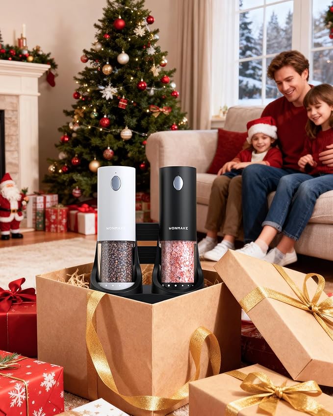 Electric Salt and Pepper Grinder Set - Automatic Refillable Salt and Pepper Grinders with Charging Base & LED Light, 6-Level Adjustable Coarseness with External Dial, Ideal Kitchen Gadget，Black& White