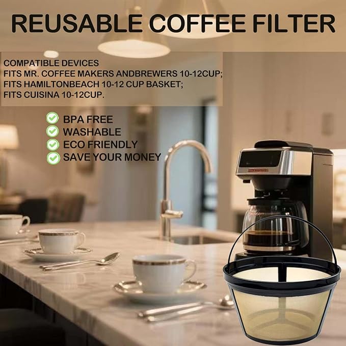 Blisshour Reusable Coffee Filter, fits Mr. Coffee 10-12 Cup Coffee Maker Coffee Filters for Mr Coffee Filter Basket (1 PCS)