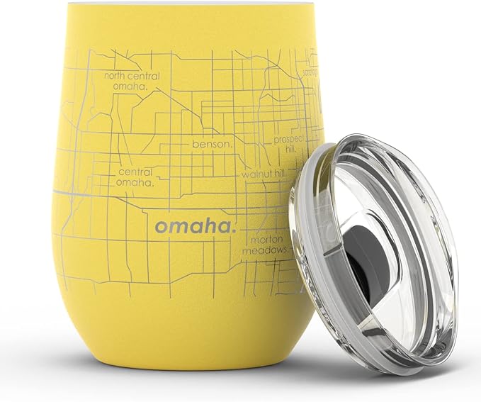 Well Told Engraved Omaha Nebraska Map Insulated Wine Tumbler, Etched Stainless Steel Cup (12 oz, Sunrise Yellow) City Map Insulated Tumbler, Custom Insulated Tumbler, Outdoor Drinkware