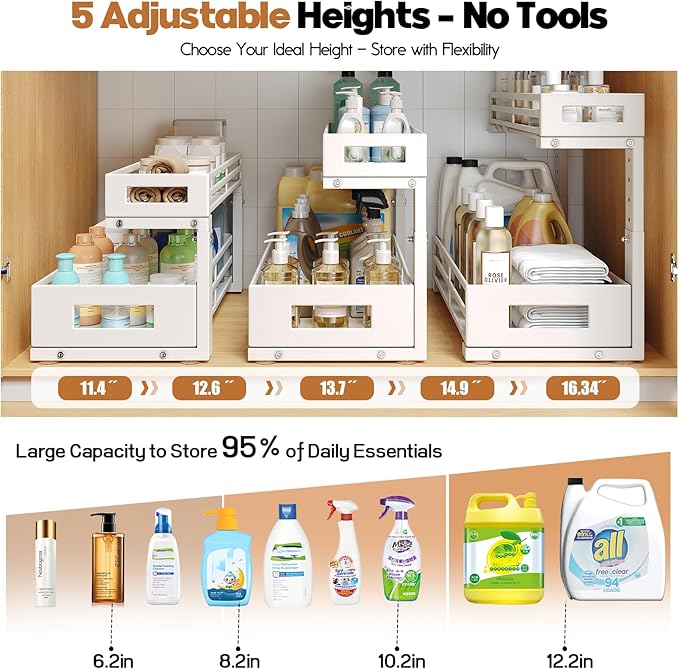 2-Pack 19"Deep Under Sink Organizer And Storage, 2-Tier L-Shaped Pull Out Cabinet Organizer with Upgraded Slide Rails, Height Adjustable Drawers for Kitchen&Bathroom, Extra-Large Storage Shelves–White