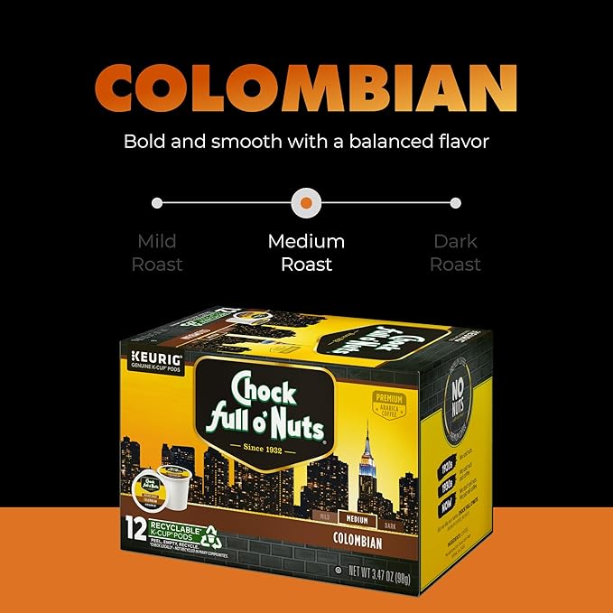 Chock Full o'Nuts Colombian Coffee, Compatible with K-Cup Pods, 12 CT (Pack of 6)