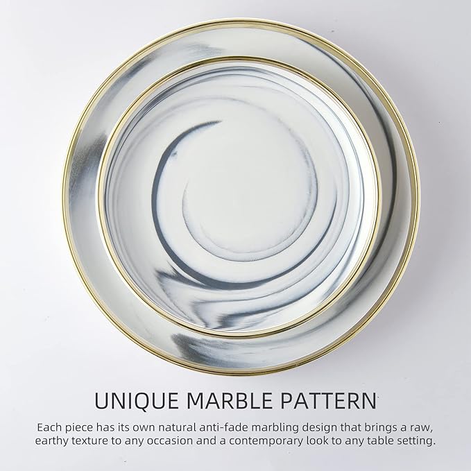 Marble Gold Rim Dinnerware Sets, Porcelain Plates and Bowls Sets, Modern Luxury Dish Set for 4, White Grey China Dinner Set for Special Occasions, Hand Wash Quickly