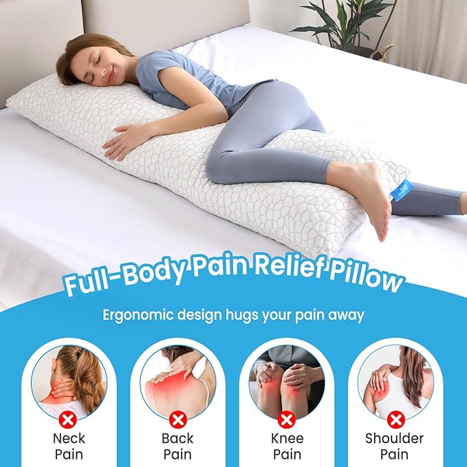 QUTOOL Luxury Cooling Body Pillows for Adults, Adjustable Loft Shredded Memory Foam Full Body Pillow, Long Pillow for Bed with Removable Double-Sided Soft & Cool Cover, White (18"x51")
