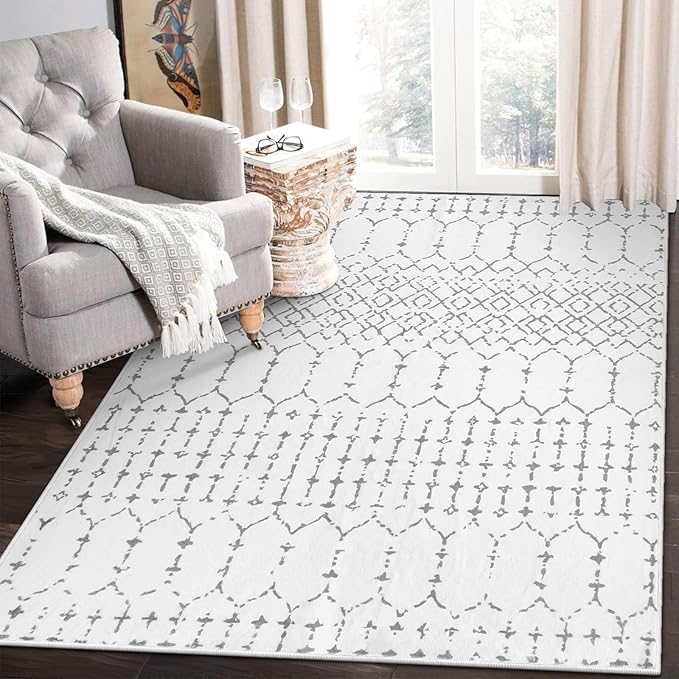 Lahome Moroccan Living Room Area Rug - Washable Rugs 4x6 Non-Slip Soft Throw Rugs for Bedroom White Lightweight Large Rug, Modern Geometric Print Low-Pile Capet for Classroom Office Dining Room(White)