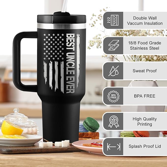 Uncle Gifts Birthday Gifts for Uncle from Niece Nephew Best Uncles Birthday Gift 40oz Travel Cup Insulated Tumbler with Handle & Straw