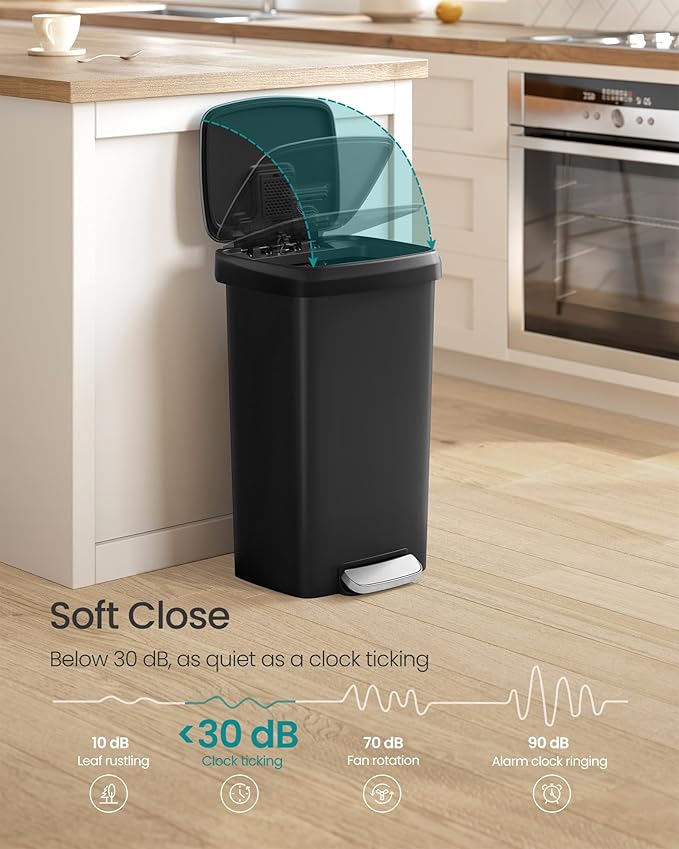 SONGMICS Plastic Kitchen Trash Can, 12-Gallon (45 L) Garbage Can with Stainless Steel Lid, Soft Close, Pedal Waste Bin with Wheels and Rear Handle, Ink Black ULTB533B01