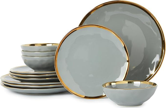 Porcelain Luxury Dinnerware Sets, Modern Plates and Bowls Sets for 4, Highly Chip and Crack Resistant, Grey and Gold Rim China Dishes Set for Wedding Anniversary
