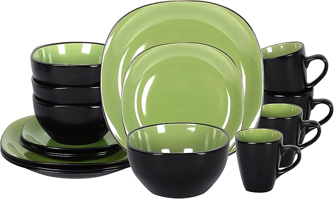 Stoneware Square 16pc Dinnerware Set, Inside Siny Green and Outside Matte Black