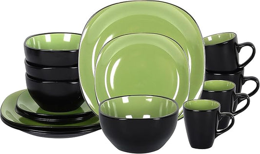 Stoneware Square 16pc Dinnerware Set, Inside Siny Green and Outside Matte Black