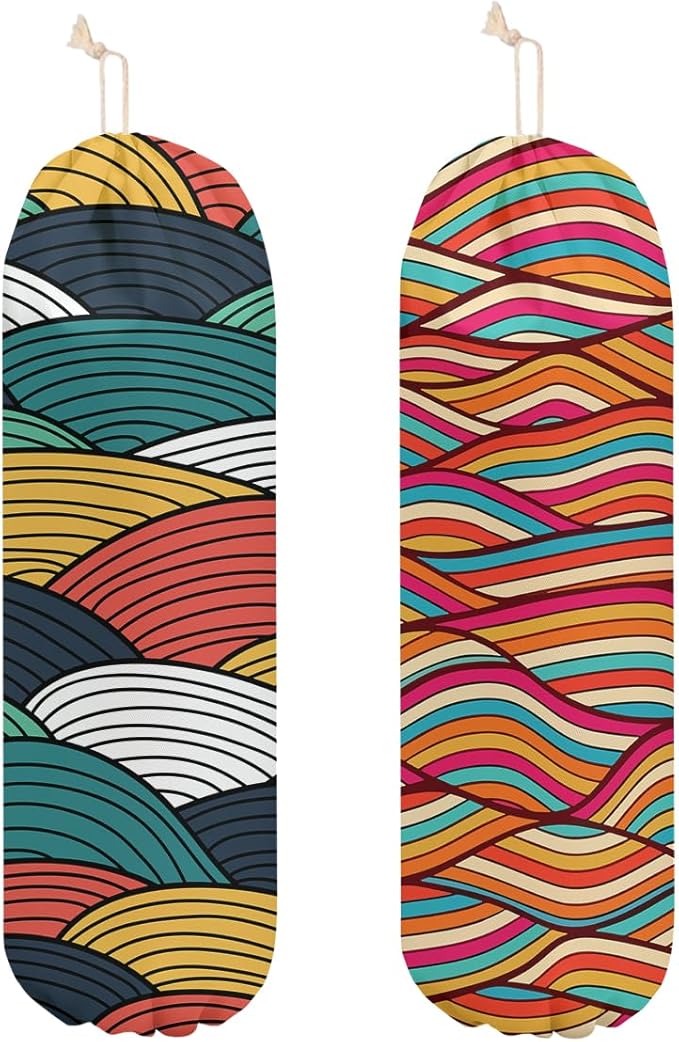 2 Pcs Geometric Waves Plastic Bag Holder, Colorful Wall Mount grocery bag holder for plastic bags, Washable Grocery Bags Storage Dispenser for Home Kitchen Pantry Decor, Abstract Art Gifts for Women