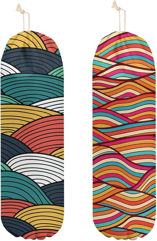 2 Pcs Geometric Waves Plastic Bag Holder, Colorful Wall Mount grocery bag holder for plastic bags, Washable Grocery Bags Storage Dispenser for Home Kitchen Pantry Decor, Abstract Art Gifts for Women