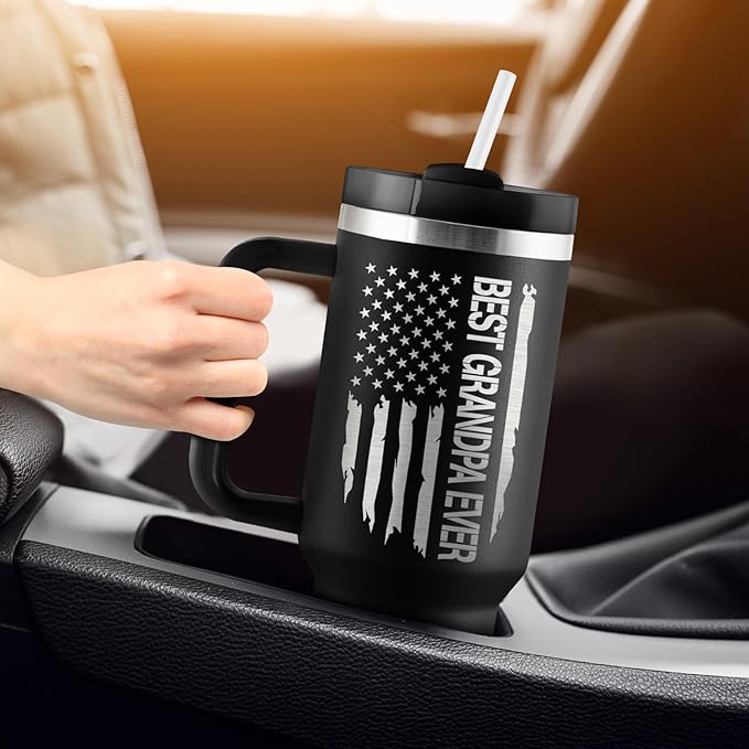 Grandpa Gifts Birthday Gifts for Grandpa Best Grandfather Fathers Day Gift Great Grandfather Birthday Gift from Grandkids 40oz Travel Cup Insulated Tumbler with Handle & Straw