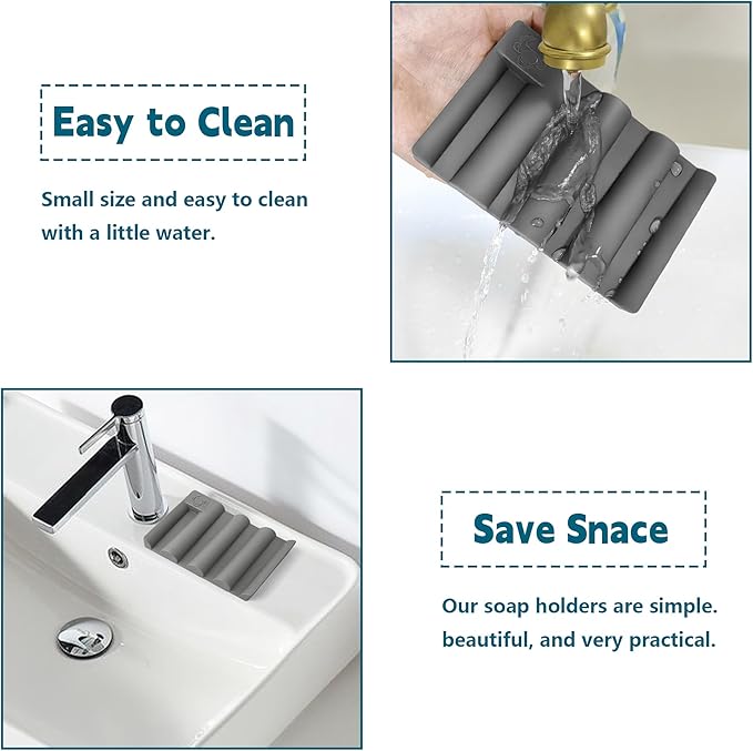 Silicone Soap Dish, Self Draining Soap Holder Perfect for Shower, Bathroom Sink, Kitchen Sink & Travel, Non-Slip Bar Soap Holder Extend Soap Life, Keep Soap Bars Dry Clean & Easy Cleaning (Grey-2PCS)