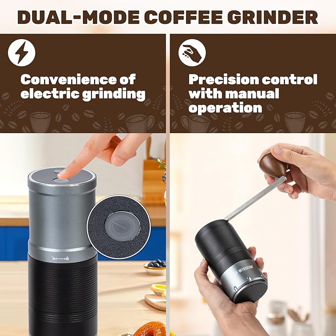 Portable Electric Coffee Grinder Dual-mode electric and manual grinding Features 7-level precision grind settings Adjustable coffee bean grinder Ideal for travel, camping, office, and home use