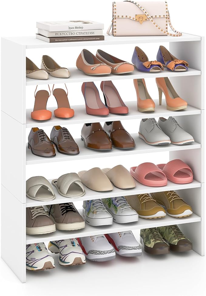 SIMOE 3-in-1 Adjustable Vertical Shoe Rack, 6-Tier Stackable Wooden Corner Storage Shelf for 18 Pairs, Space-Saving Organizer for Front Door Entryway, White