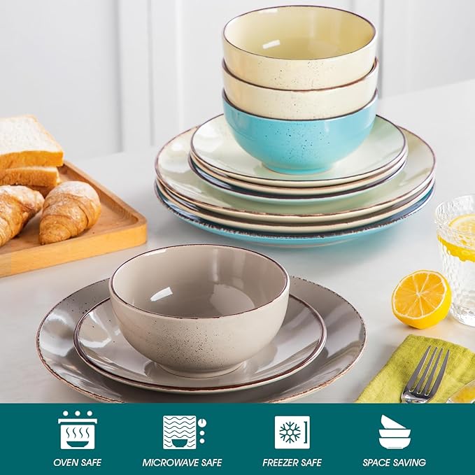 vancasso Navia Dinnerware Sets, Stoneware Plates and Bowls Sets, Dinner Salad Dessert Plates and Cereal Bowls Set, Dishes Set for 4, Spray Spot Patterned, Multi-Color