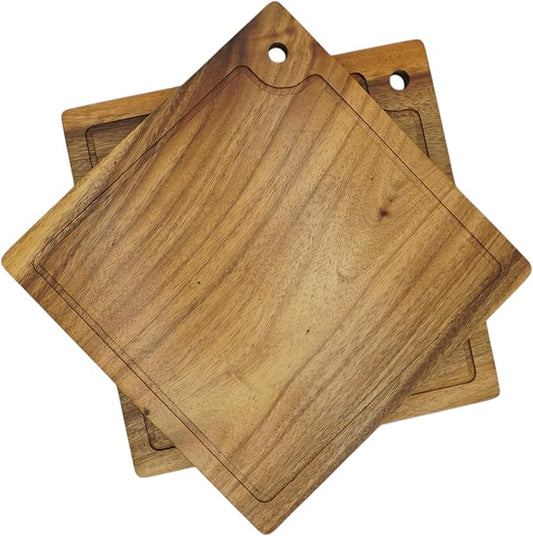 Acacia Wood Steak Plates, Square 12" x 12", Set of 2 Durable Joint Free, Cutting and Serving Board Displaying Continuous Grains of Solid Wood, Perfect for Steak Dinner, with Juice Groove