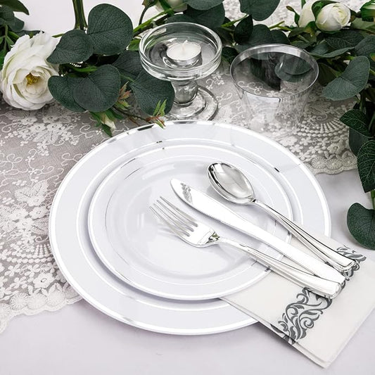 bUCLA 350PCS Silver Plastic Dinnerware Set for 50 Guests - Silver Plates Disposable Include 50 Dinner & 50 Dessert Plates,50 Forks,50 Knives,50 Spoons,50 Cups,50 Napkins for Party & Christmas