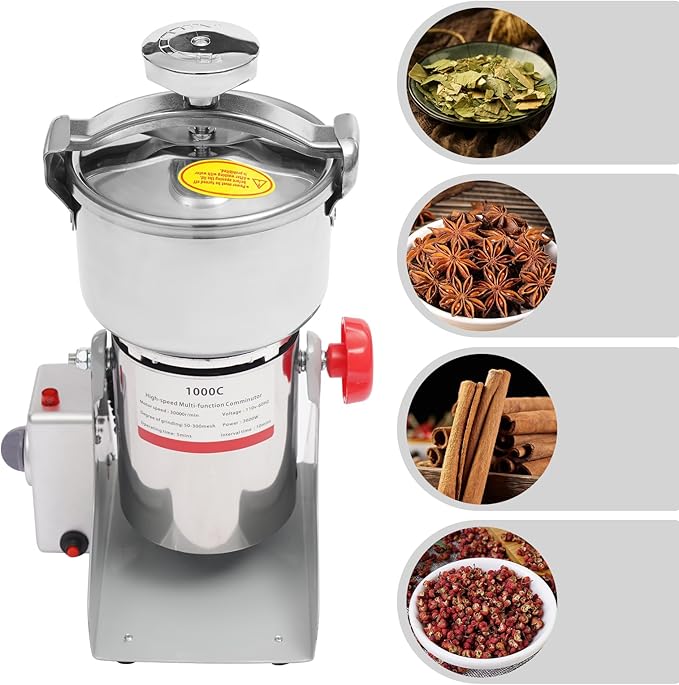 1000g Electric Grain Grinder Stainless Steel 304 Commercial High Speed 30000r/min 3600W Powder Mill for Wheat Corn Spices Grain Dry Rice Nursing Homes Hospitals
