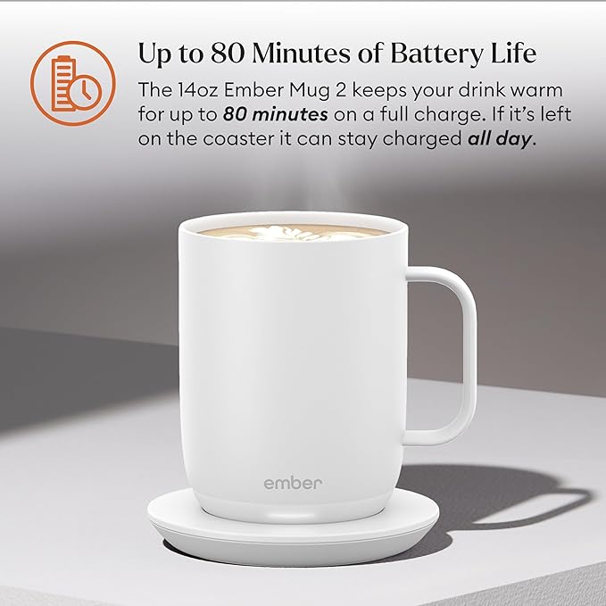 Ember Temperature Control Smart Mug 2, 14 Oz, App-Controlled Heated Coffee Mug with 80 Min Battery Life and Improved Design, White