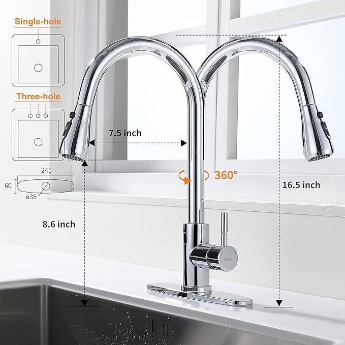 Keer Touchless Faucet with Pull-Down Sprayer, Polished Chrome, Hands-Free, 3 Modes, Single Handle, Easy Assembly