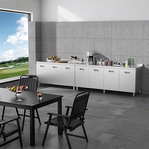 ZZV 59" x 21" Stainless Steel Table Cabinet for Prep & Work, Heavy Duty Prep Table with 3 Pull-Out Doors, Commercial Workbench with Cabinet for Kitchen, Restaurant, Hotel, Garage, and Warehouse