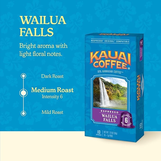 Kauai Coffee Espresso Pods Compatible with Nespresso Original Coffee Makers – 10% Hawaiian Arabica Coffee – Medium & Dark Roast Variety Pack – Poipu Beach and Wailua Falls, 4 Packs of 10 Espresso Pods
