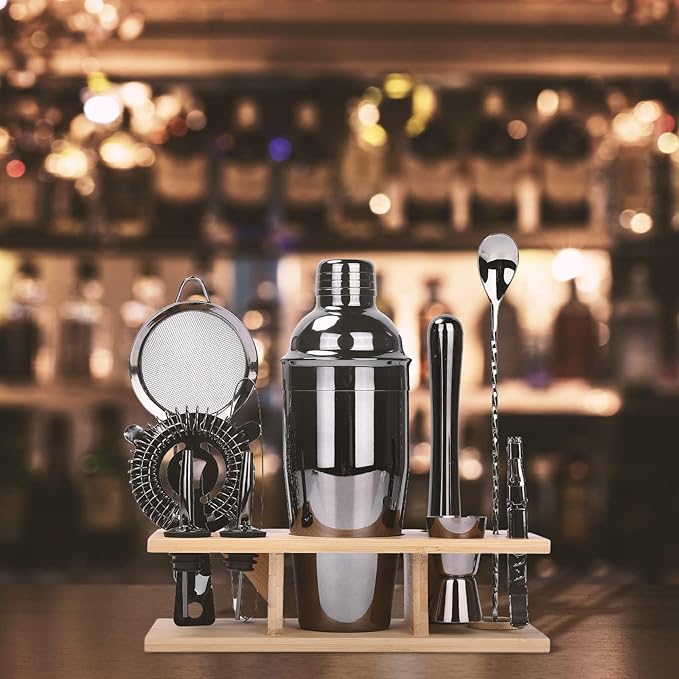 11Pcs-Cocktail Shaker Set Black Bartending Kit 25oz Cocktail Bar Set Cocktail Mix Drink Making Kit Professional Bar and Home Drink Bar Tools for Bartender（Gun-Metal Black）