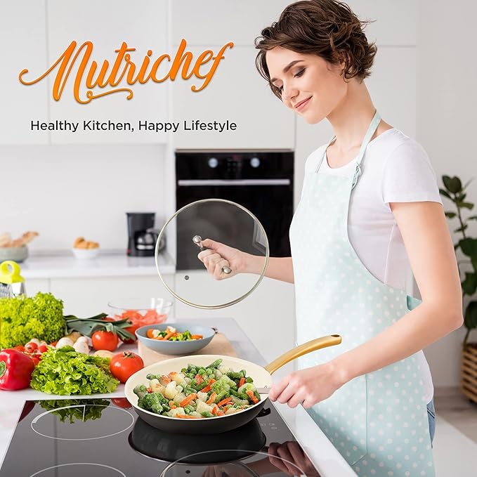 NutriChef 8-Inch Professional Ceramic Frying Pan With Lid - Small Skillet with Golden Titanium Handle, Non-Stick Ceramic Coating, Stain-Resistant, Easy to Clean, Ideal for Home Cooking