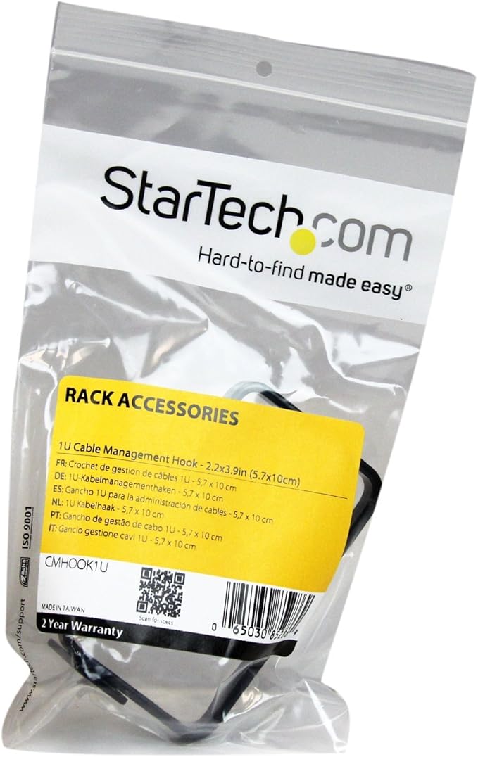 StarTech.com 1U Vertical 2.2 x 3.9in Server Rack Cable Management D-Ring Hook w/ Flexible Opening - Network Rack-Mount Cord Organizer Ring (CMHOOK1U),Black